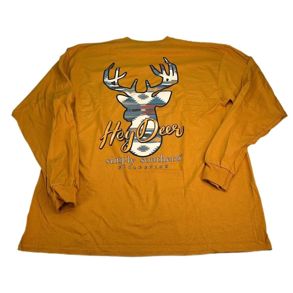 Simply Southern T-Shirt Womens 2XL XXL Long Sleeve Gold Curry Deer Aztec Rustic